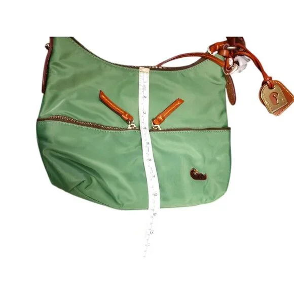 NWT Dooney & Bourke Green Nylon Hobo Shoulder Bag W/ Brown Leather Trim & Zipper